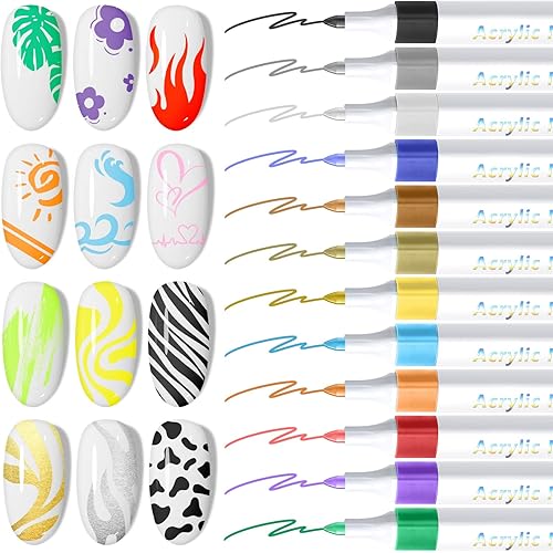 12 Colors Nail Art Pens Set: 0.7MM Quick Dry Nail Art Markers Polish Pen for 3D Nail Art Design Acrylic Paint Markers for Easy Dotting Drawing Painting Liner Brush Tools Home Manicure DIY (Set 1)
