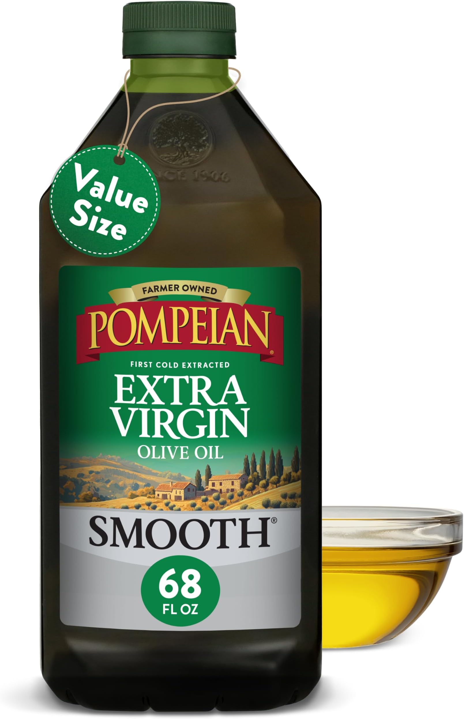 Pompeian Smooth Extra Virgin Olive Oil - 68 fl oz (2 L) First Cold Pressed Olive Oil for Cooking - Smooth Taste for Sauteing, Stir-Frying, and Baking - Value Size
