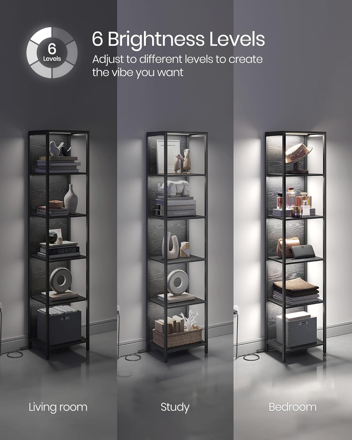 VASAGLE 6-Tier LED Bookshelf, Display Shelf with Dimmable Lights, LED Bookcase with Steel Frame, 11.9 x 15.7 x 70.3 Inches, for Living Room, Bedroom, Office, Black with Wood Grain ULLS121B56 - Image 6