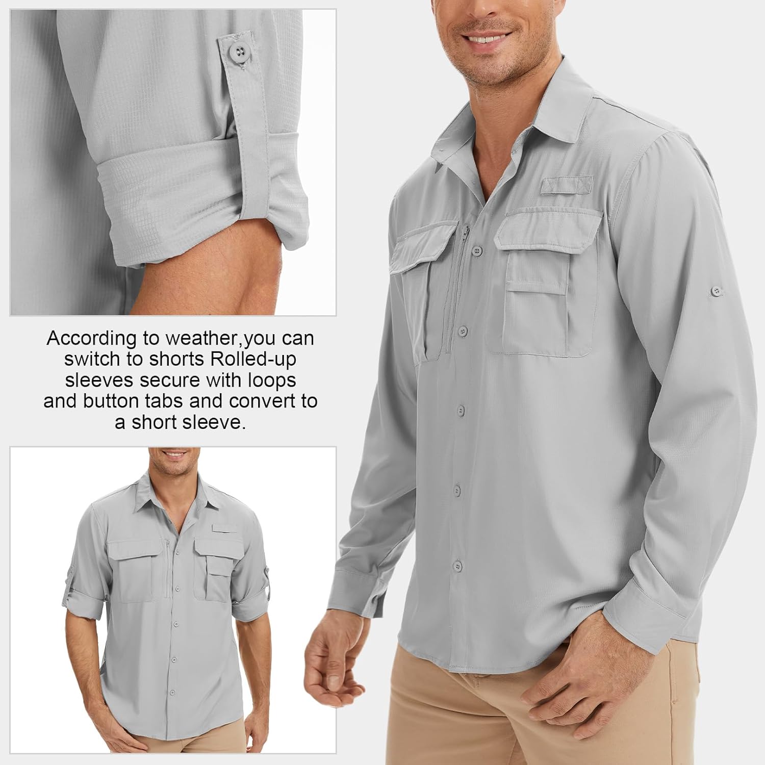 Men's Safari Shirt Long Sleeve Fishing UPF 50 Sun Protection Quick Dry Breathable Shirts for Travel Hiking Camping Work