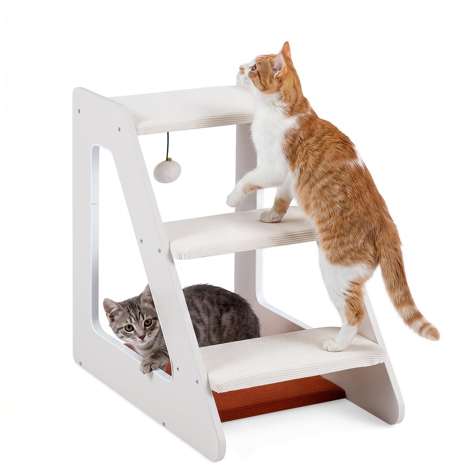 COSTWAY Scaletta a 3 Gradini per Gatti di Piccola Taglia, Scala per Cani | Pedana Antiscivolo in Legno con Trespolo e Pompon, Rampa con Superficie Imbottita di Spugna, per Salire a Letto o Divano