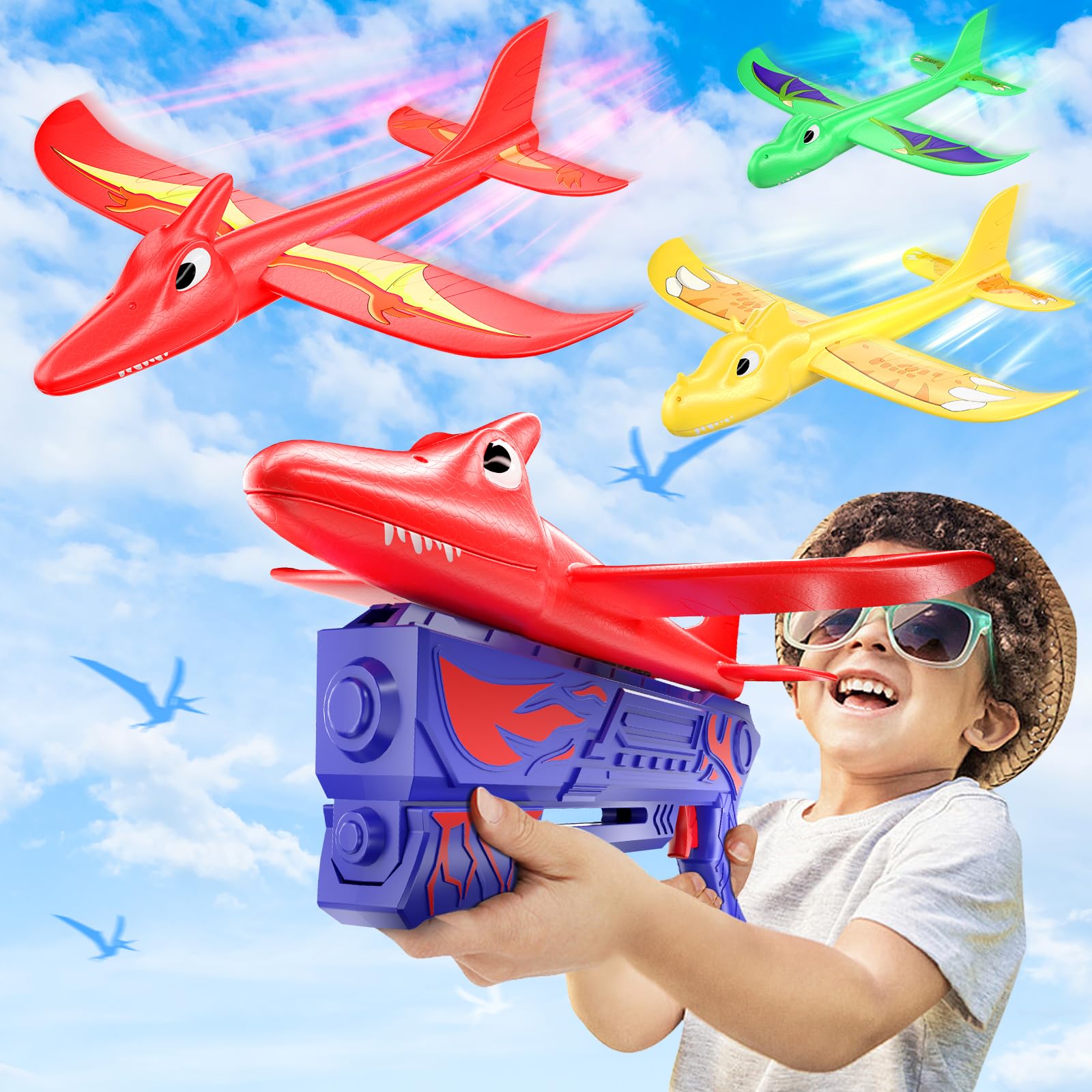 FRONTSUN3 Pack Dinosaur Airplane Launcher Toys, 2 Flight Modes Kids Outdoor Flying Toys Airplanes Foam Glider Catapult Planes, Birthday Gifts for Boys Girls 3 4 5 6 7 8 9 10 11 12 Year Old