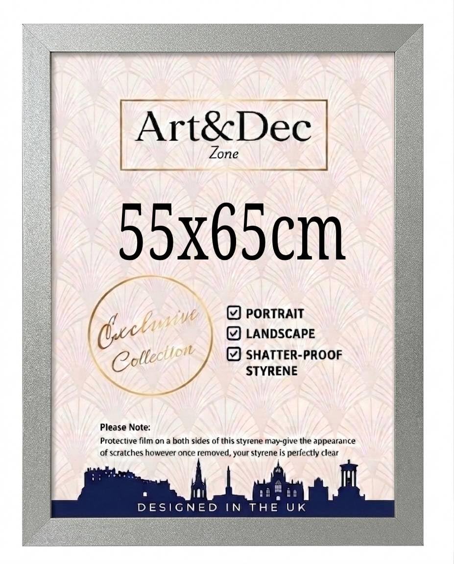 Art & Dec Zone® Modern Silver Picture Frame 55x65 cm – MDF Wood Finish, High-Clarity Shatter-Proof Acrylic Cover for Posters and Artwork