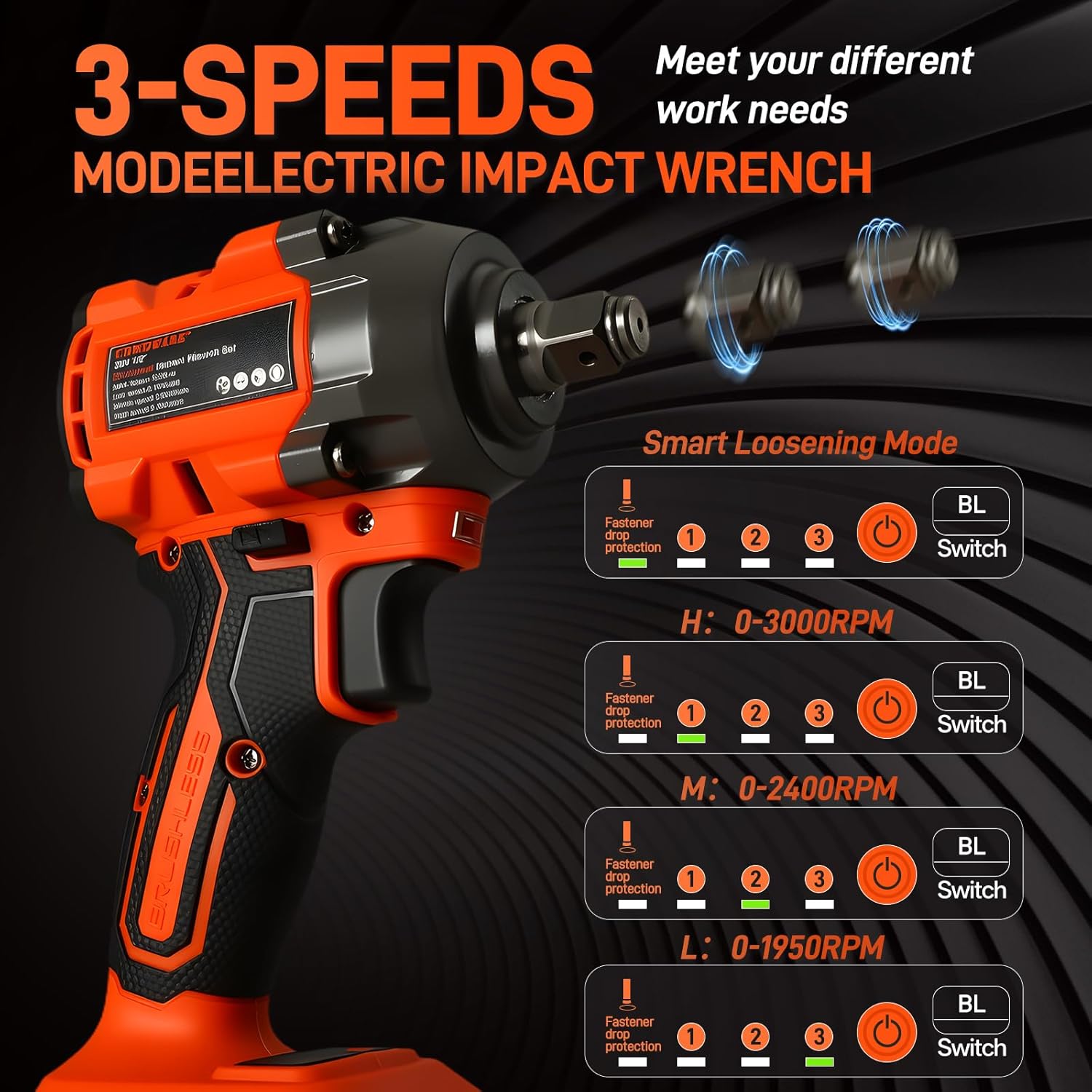 COMOWARE 650N.m (480 ft-lbs) Cordless Impact Wrench, 1/2" Brushless High Torque Impact Gun, 20V 4.0Ah Battery & Fast Charger, 6 Sockets w/case, 3-Speed Control (0-3000RPM) for Car, Truck RV, Mower