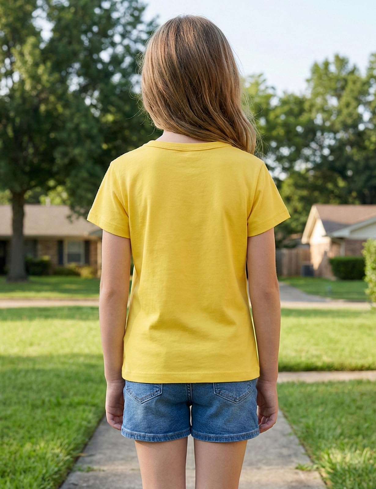 Spring&Gege T-shirt à manches courtes pour fille en coton col rond T-shirt de sport décontracté avec poche en forme de cœur pour l'été Couleur unie Hauts décontractés