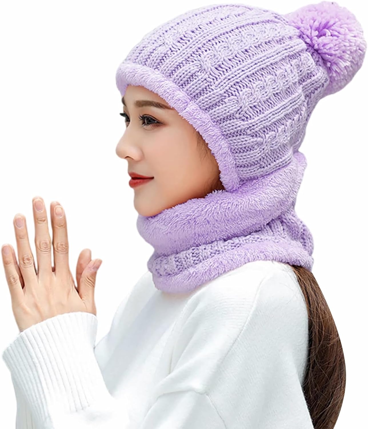 HUAMULAN Women Winter Beanie Hats One Piece Fleece Lined Knit Balaclavas Mask Set Skull Neck Circle Scarf Ski Snow Hat Pompom - Image 4