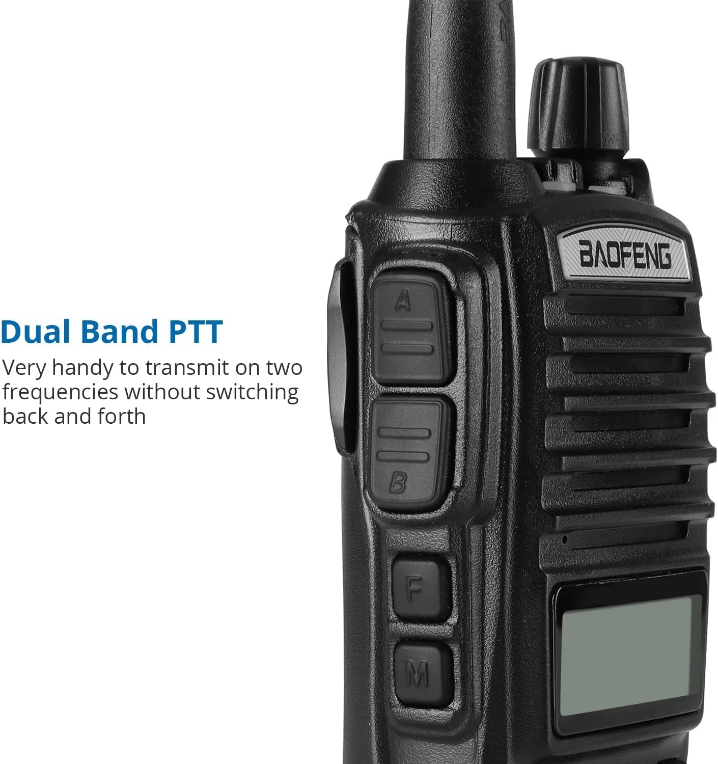 BAOFENG UV-82 radio with Dual Band PTT buttons highlighted