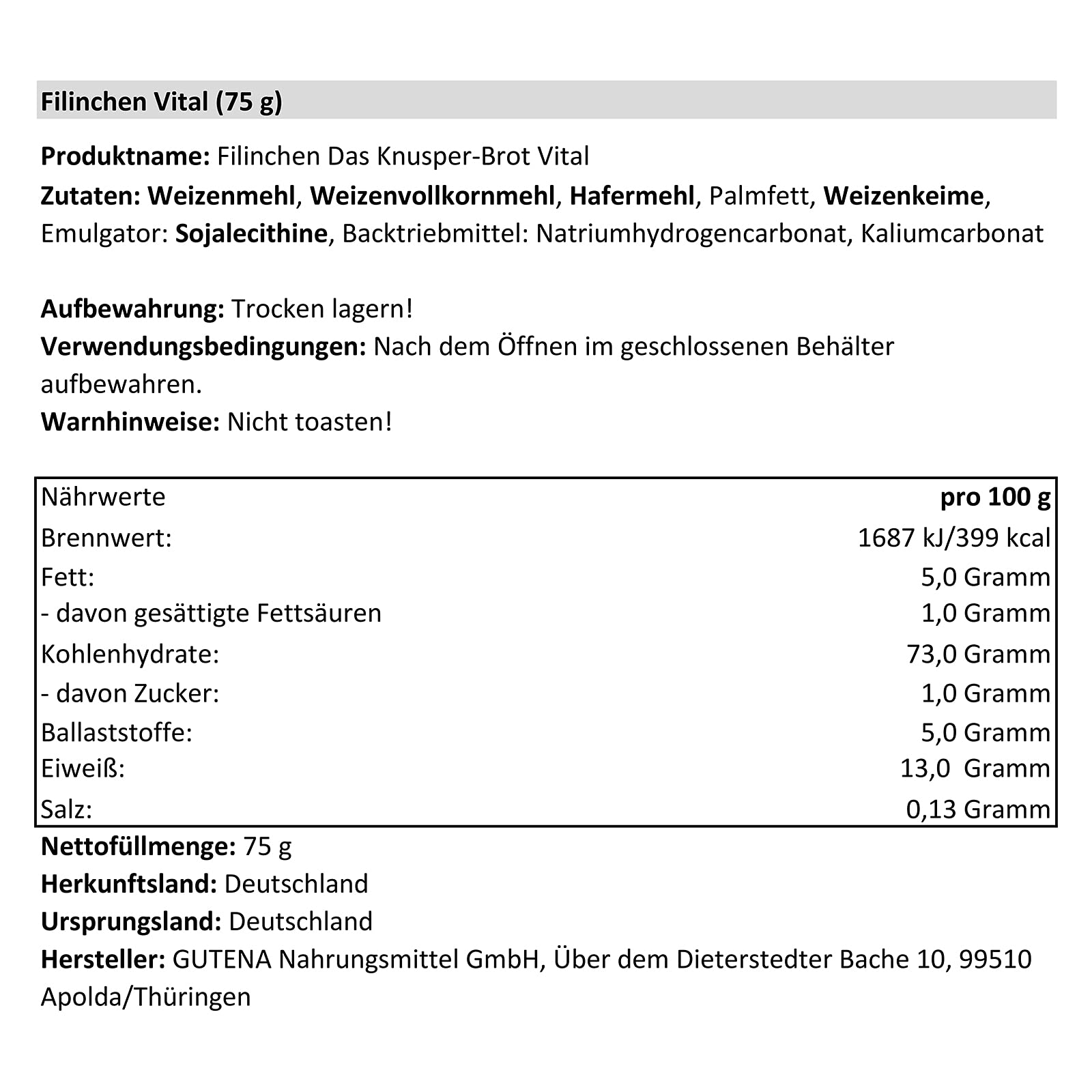 30er Pack Filinchen Das Knusper-Brot Vital 30 x 75 g zuckerarm laktosefrei natriumarm Snack Knäckebrot Waffelbrot Knusperbrot Pausensnack