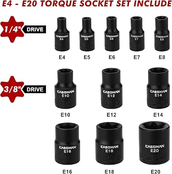 CASOMAN 11PCS Female Torx Socket Set, E Torx & Star Socket Set with Rail, E4 - E20 Torque Sockets