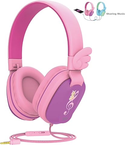 Kids Headphones, Riwbox CS6 Lightweight Foldable Stereo Headphones Over Ear Corded Headset Sharing Function with Mic and Volume Control Compatible for iPad/iPhone/PC/Kindle/Tablet (Purple&Pink)