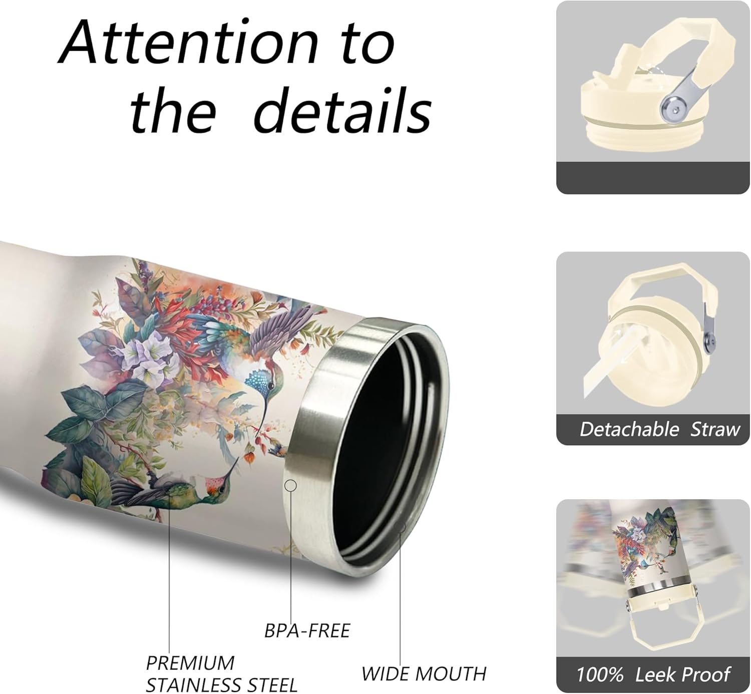 Hummingbird Tumbler with Handle and Flip Straw for Women Men, 30oz Bird Stainless Steel Insulated Cup, Water Bottle Travel Coffee Mug,Gifts for Animal Lovers - Image 3