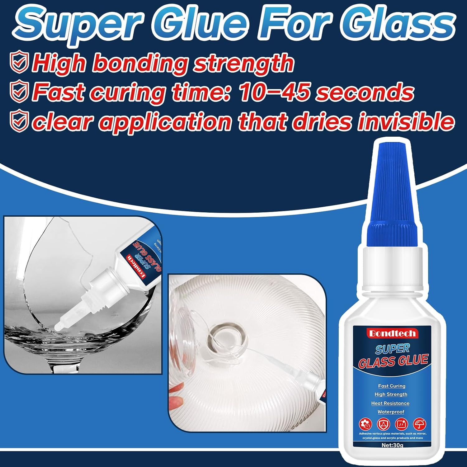 Glass Glue Clear Repair Heavy Duty 30 g, Super Glue for Glass with Anti-Clog Cap, for Acrylic, Mirror and More, Waterproof, Heat-Resistant (Clear, 30 Grams * 1 Pack, Glass Glue)