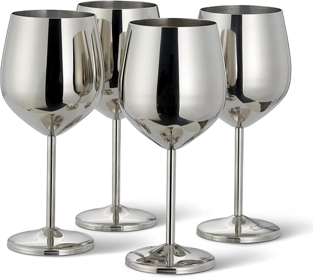 Oak & Steel - 4 Elegant Stainless Steel Silver Wine Glasses, 500ml - Unbreakable Goblet Glass Gift Set for Valentines Wedding Anniversary Birthday Party