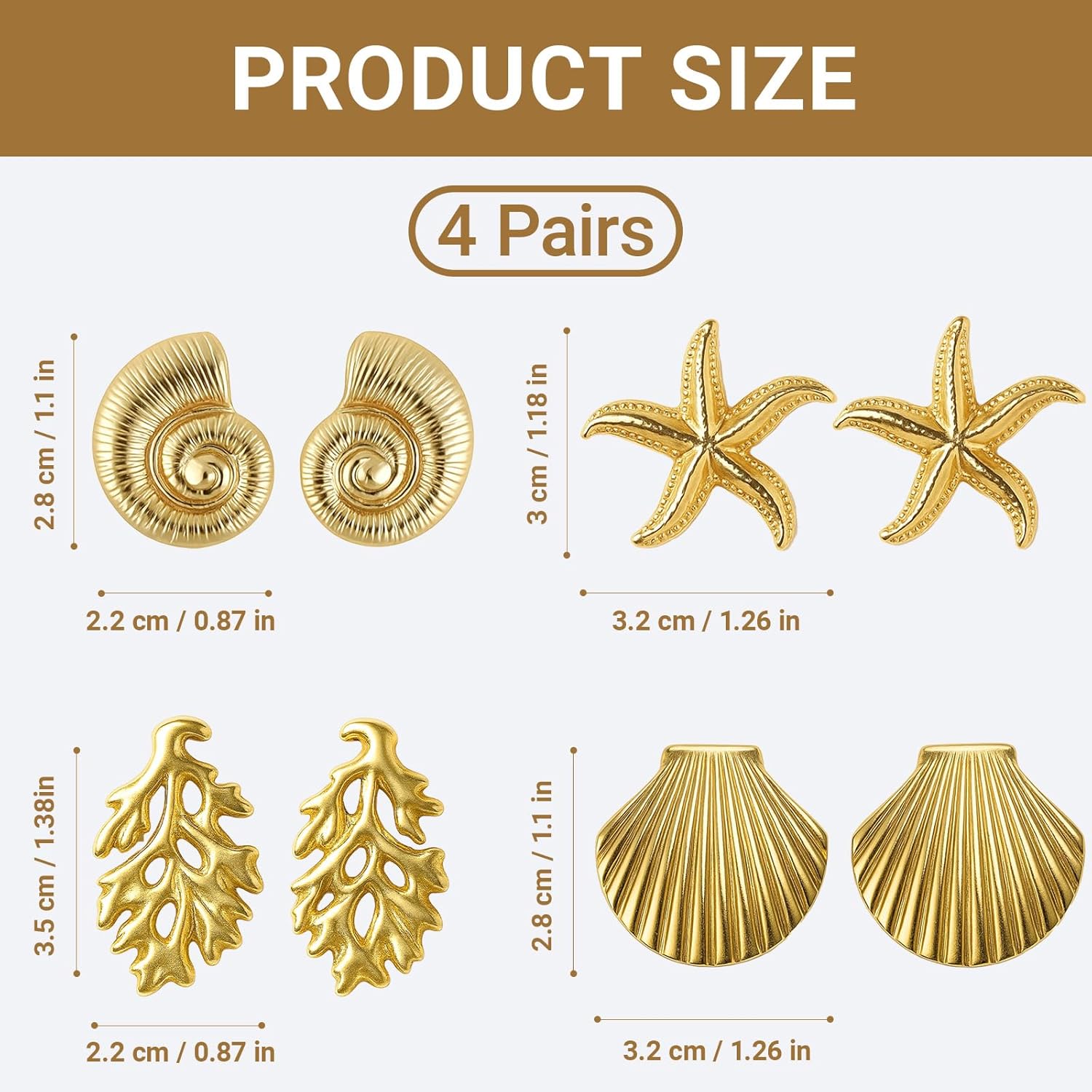 4 Pairs Starfish Shell Stud Earrings for Women, Gold Shell Trendy Drop Dangle Earrings Chunky Gold Statement Earrings Boho Ocean Conch Vacation Beach Jewelry - Image 3