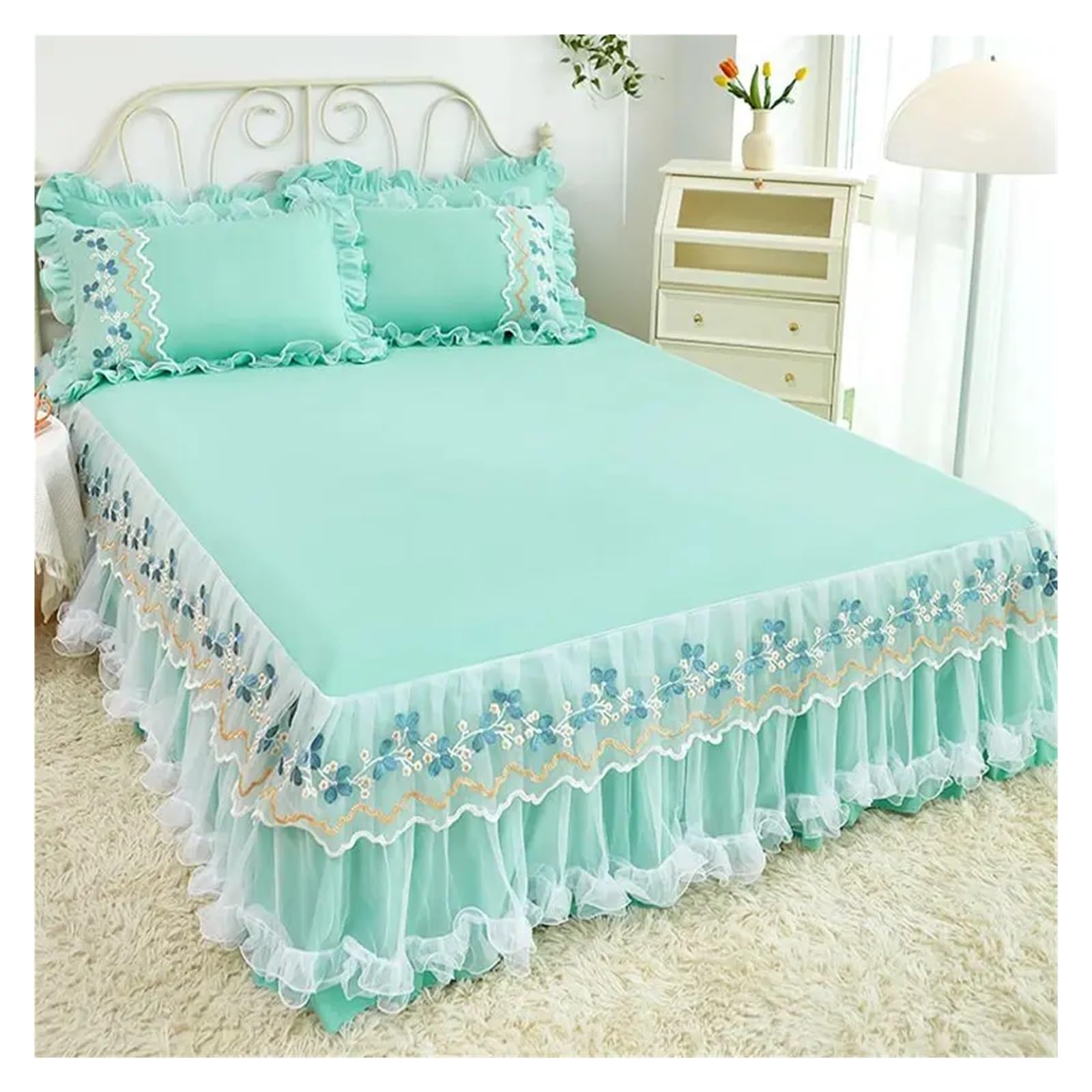 Lace Lotus Leaf Lace Bed Skirts Princess Style Solid Color White Pink Bedspread Bed Cover Sheets(Color-04,200x220cm 1pcs)
