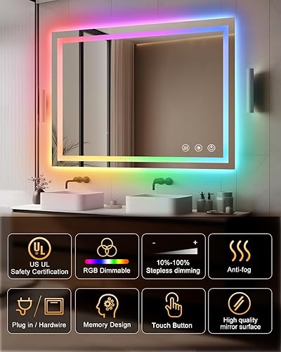 Miniatura 3 de oneup Espejo de baño LED de 40 x 32 pulgadas, espejo de baño RGB que cambia de color con luces, espejos de tocador antivaho para montar en la pared,