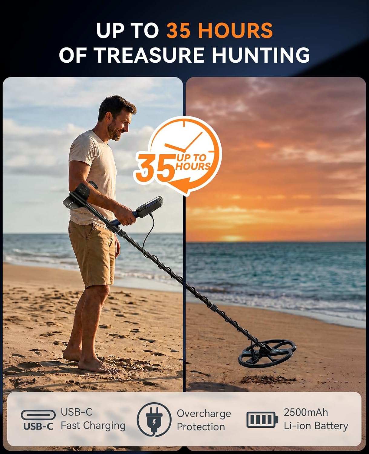 SUNPOW Rechargeable Metal Detector for Adults, 35H Battery Waterproof Gold Detector Kit, 10'' Deep Search Double-D Coil, High Accuracy Pinpointer for Beach, Saltwater & Yard – OTMD15 image 2