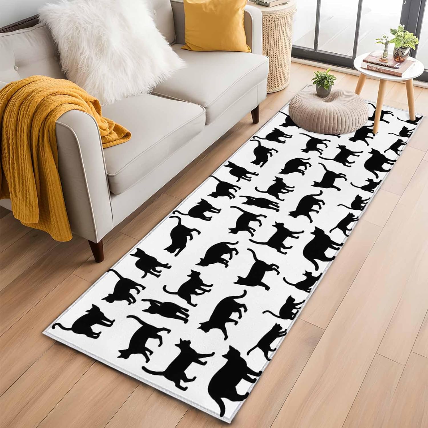 Cute Cat Runner Rugs 2x6 ft Black Cat Cartoon Animal White Background Washable Hallway Rugs Non-Slip Floor Mats Absorbent Carpet Bedside Runners for Bedroom Kitchen Bathroom Laundry Room