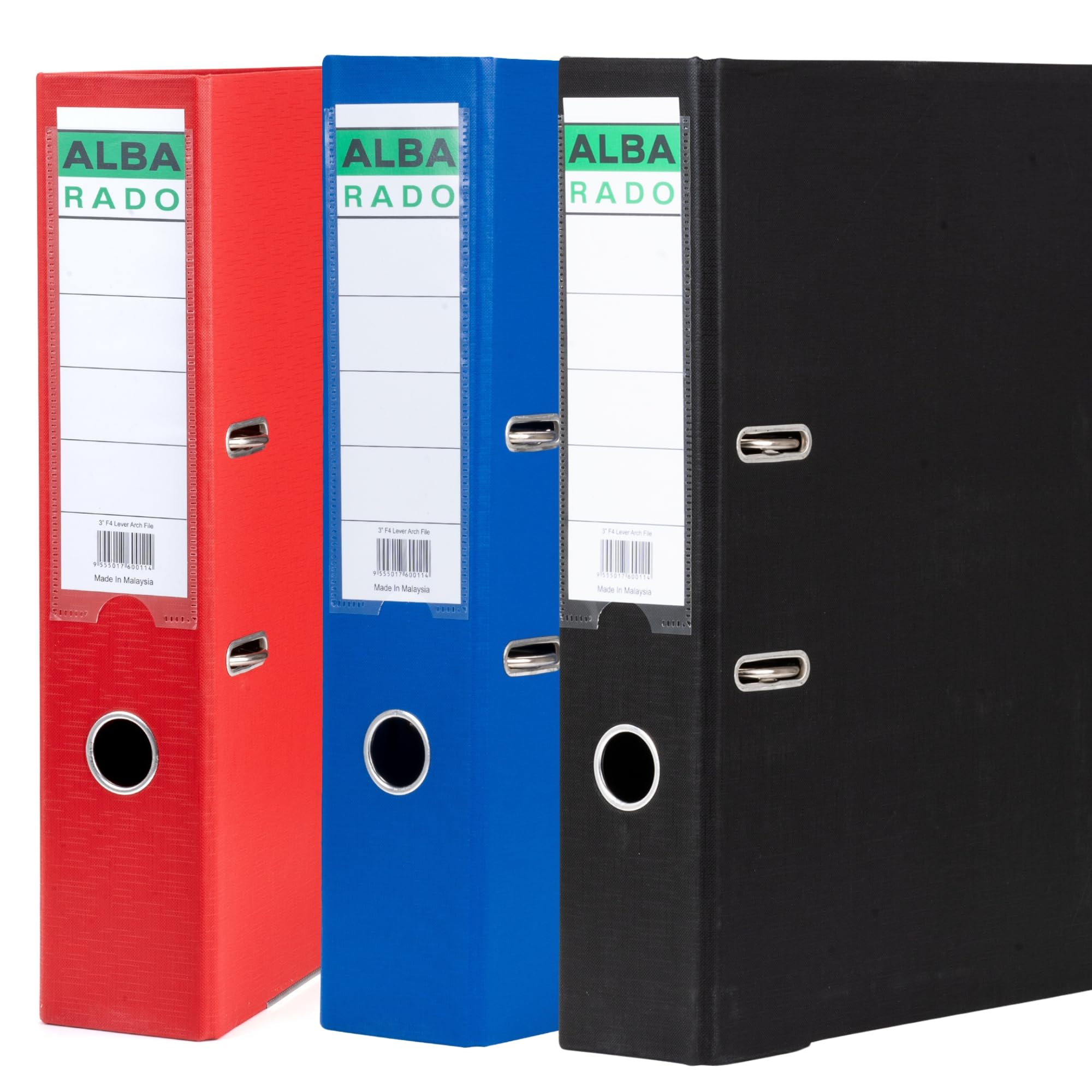 Alba Rado Heavy Duty Plastic Lever Arch File - Foolscap Size (8 CM / 3 Inch) - Assorted Colors (1 Each Red, Blue, Black), Pack of 3 - Quality Import from Malaysia