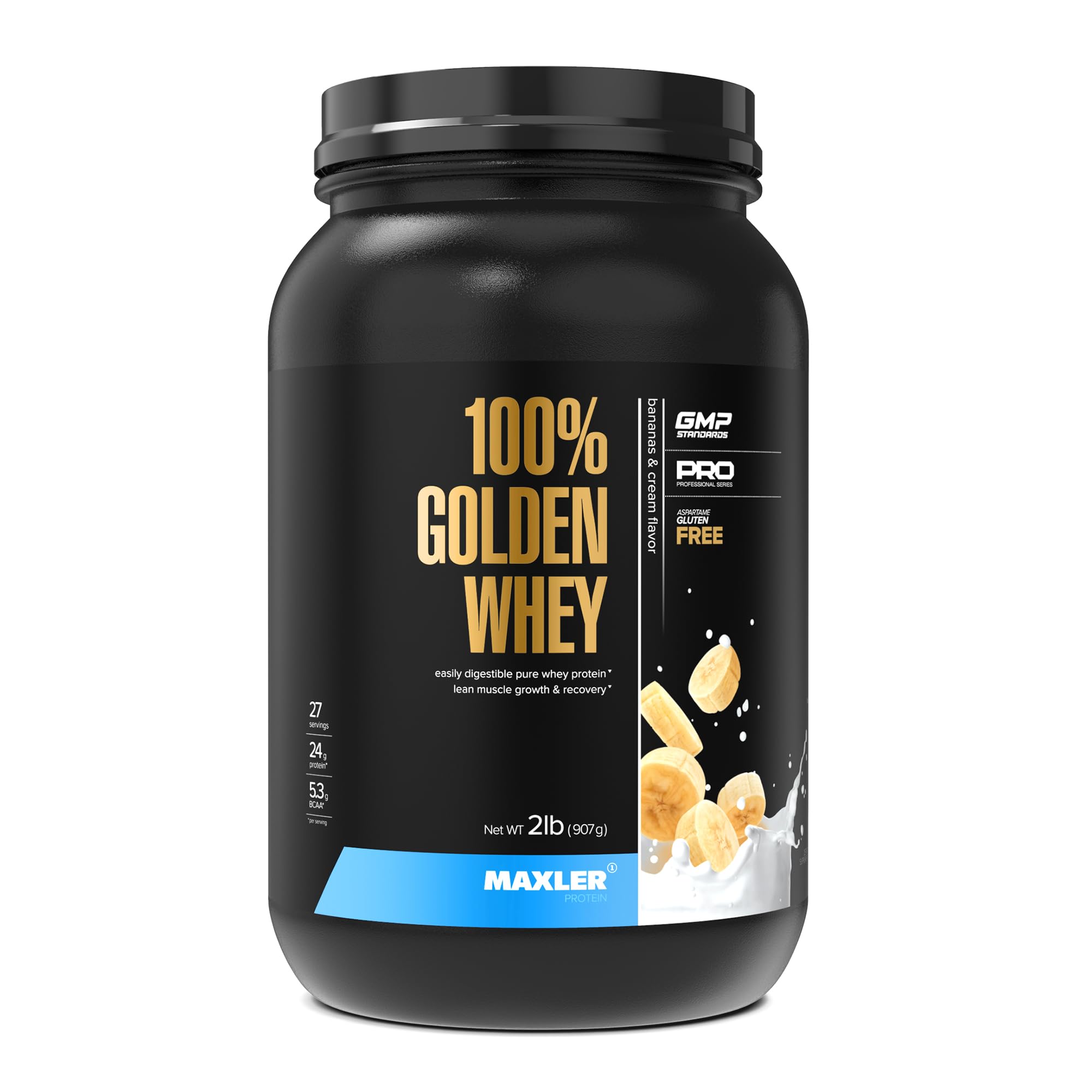 Maxler 100% Golden Whey Protein - 24g of Protein per Serving - Premium Whey Protein Powder for Pre Post Workout - Fast-Absorbing Whey Concentrate, Isolate & Hydrolysate Blend - Bananas & Cream 2 lb