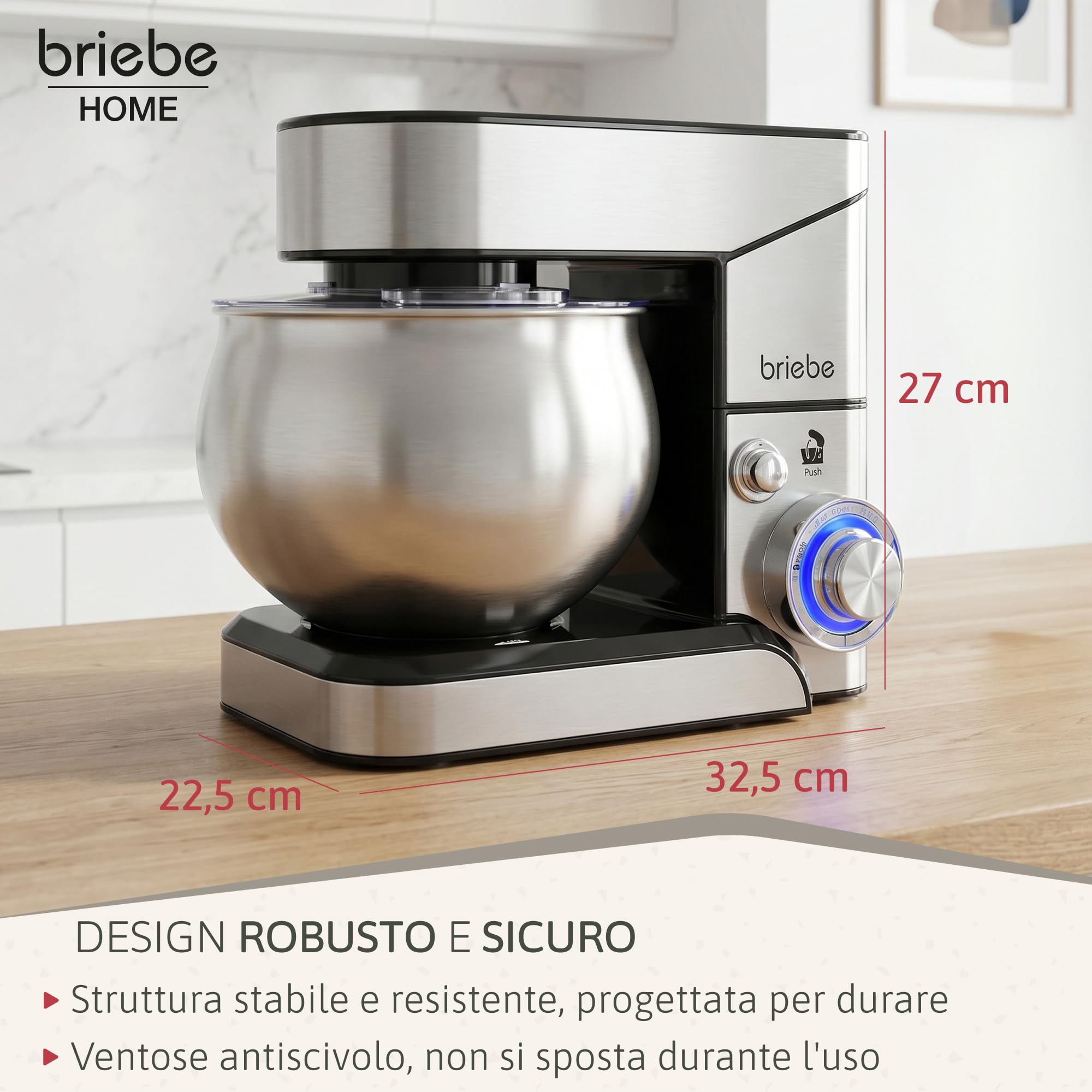 briebe Impastatrice Planetaria Professionale per Pasticceria 1800W MAX, Robot da Cucina Orbitale, Frusta, Gancio Impastatore, Ciotola 5 L, 6 Velocità + Funzione Pulse, Inox KM1114