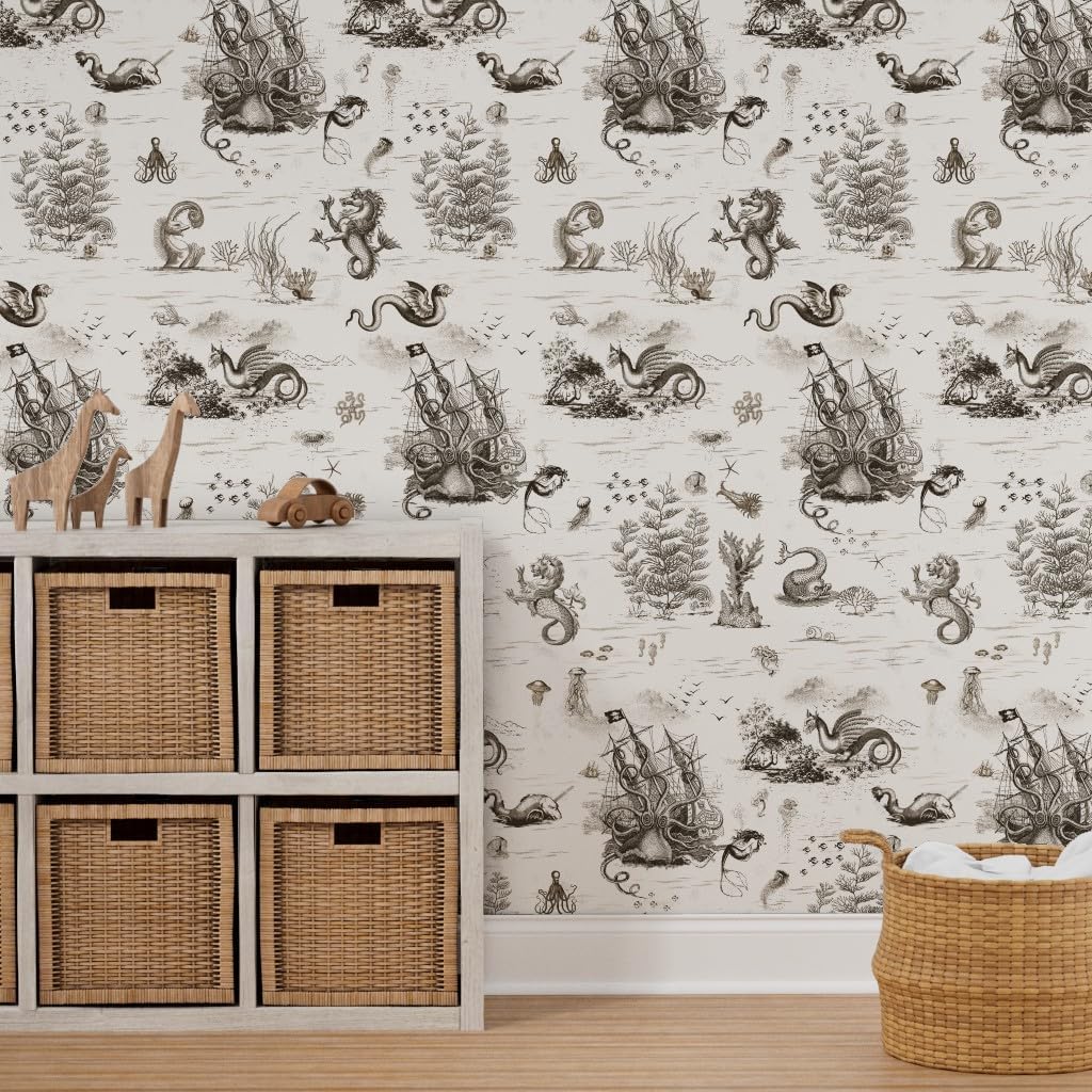 Spoonflower Removable Wallpaper 3ft x 2ft - Vintage Dragon Ocean Octopus Sepia Toile Mermaid Steampunk Custom Pre-Pasted Wallpaper