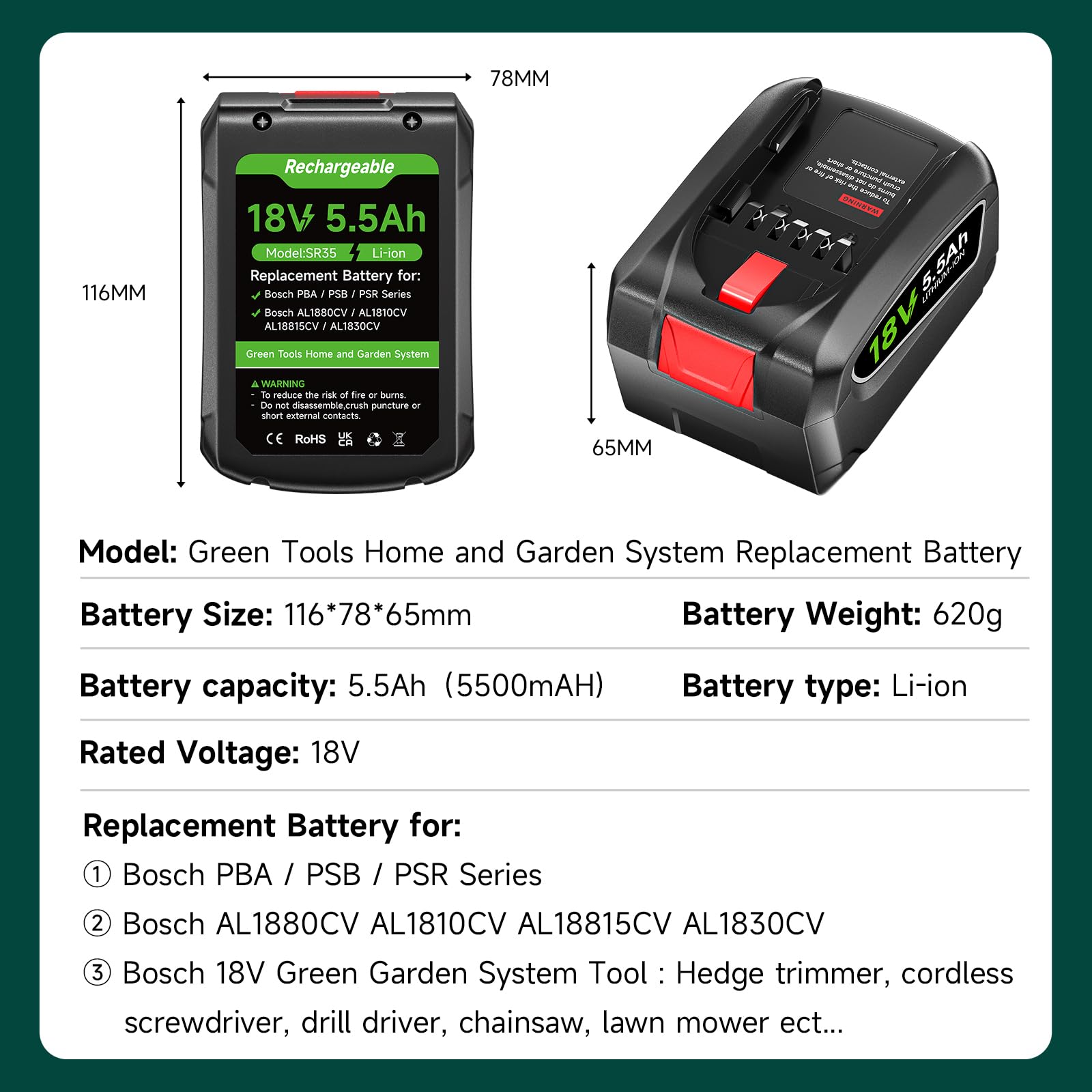 18V 5.5A AH Batteria per Bosch PBA/PSB/PSR serie, AL1880CV AL18815CV AL1830CV, batteria di sostituzione per rifiniture di siepi, cacciaviti a cordone, cacciaviti per trapani