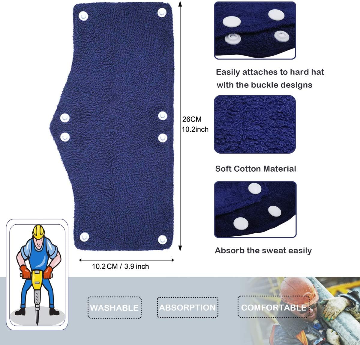 Cotton Hard Hat Sweatband Reusable Terry Cloth Snap-On Sweatband Liner Washable Hard Hat Accessories (Blue-10pieces) - - 