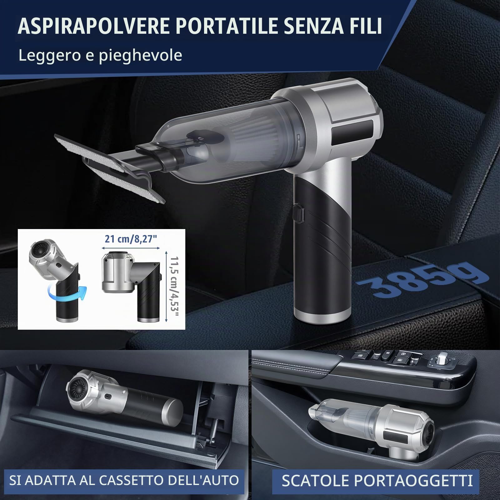 Aspirabriciole Senza Fili Portatile , 16000Pa Aspirapolvere per auto, Aspirapolvere e Soffiatore, Ricaricabile e Pieghevole con Indicatore Batteria e Multi Ugelli, per Auto, Casa, Ufficio e Peli di An