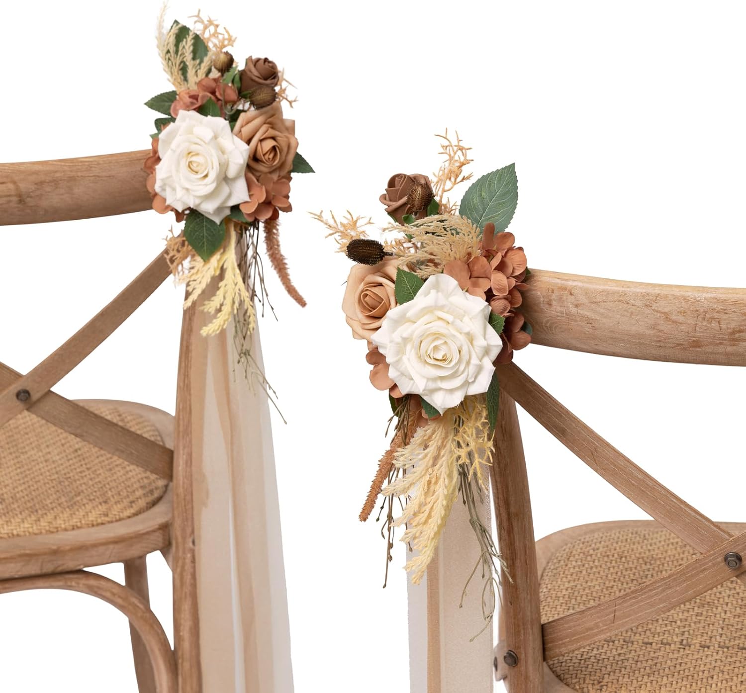 Ling's moment 8 Wedding Artificial Aisle Pew Flowers Chair Decorations Arrangements with Chiffon Ribbons Begie for Ceremony Reception Chair Back Floral Decor Reception Church Party Outdoor