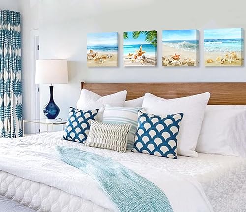 Miniatura 5 de JiazuGo Arte de Pared de Playa Pinturas de Baño Decoración Conchas Estrellas de Mar Naturaleza Lienzo Cuadros Tema Océano Azul Decoraciones Carteles