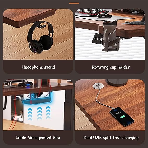 Standing Desk Height Adjustable, Home Office Desk Computer Workstation, Ergonomic Stand Up Desk, 3 Memory Presets, Cup Holder and Headphone Hook(Brown,140x70cm/55.1x27.5in)