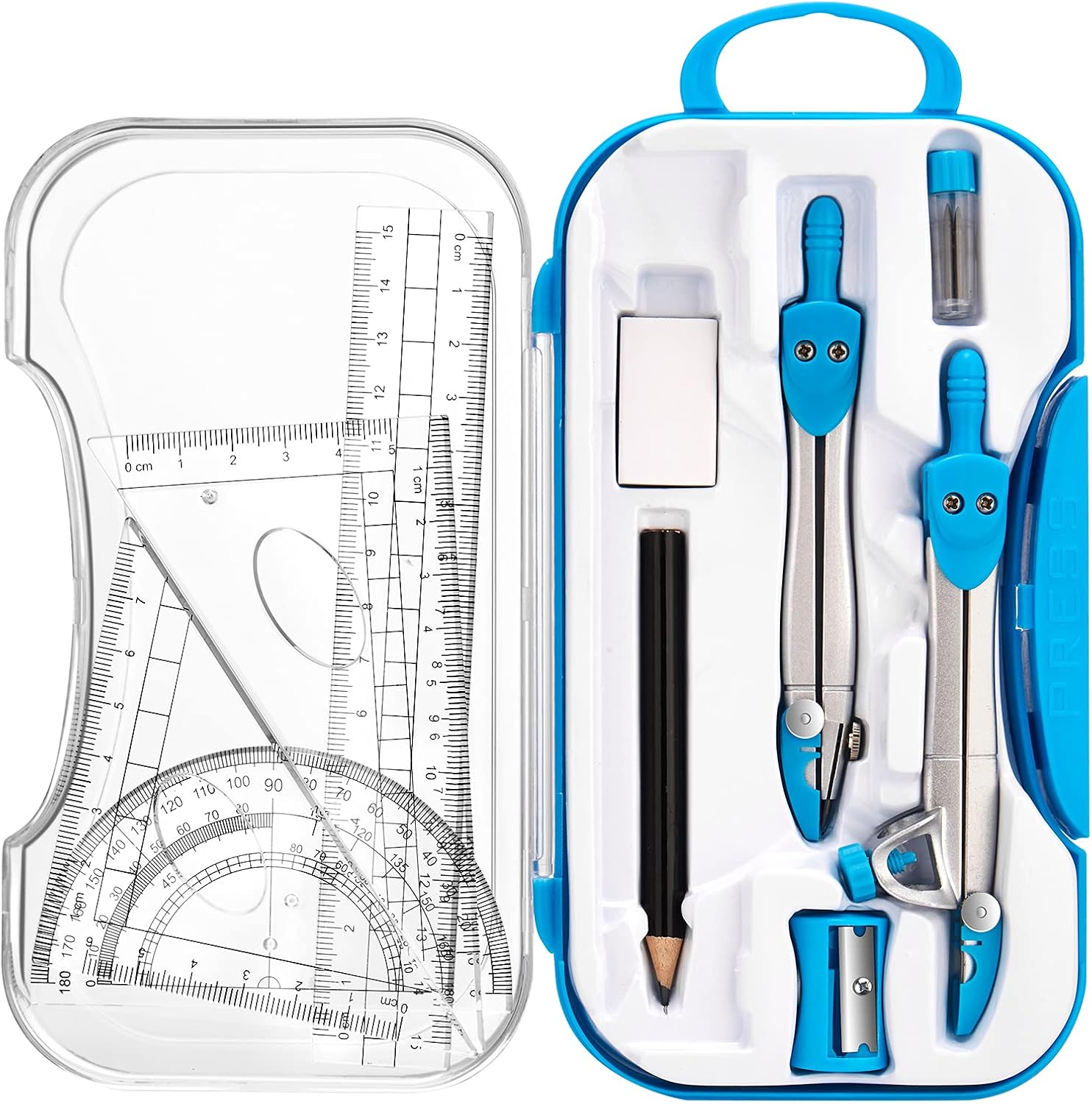 Geometry Set 10 Pieces Math Supplies Kit，Including Compass，Protractor，Ruler，Eraser，Pencil，Lead Refills，Pencil Sharpener，Storage Box，for Drawing and Measurement