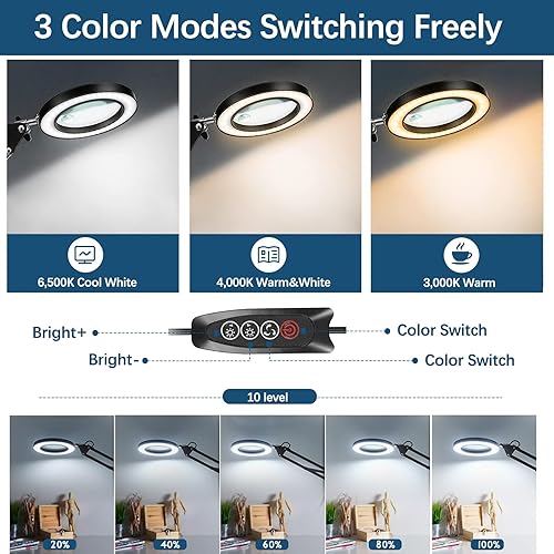 Miniatura 5 de Lupa de 15 x y 10 con luz, brazo ajustable real de 4.3 pulgadas con lente de vidrio LED y línea de extensión de trabajo, 3 modos de color regulable