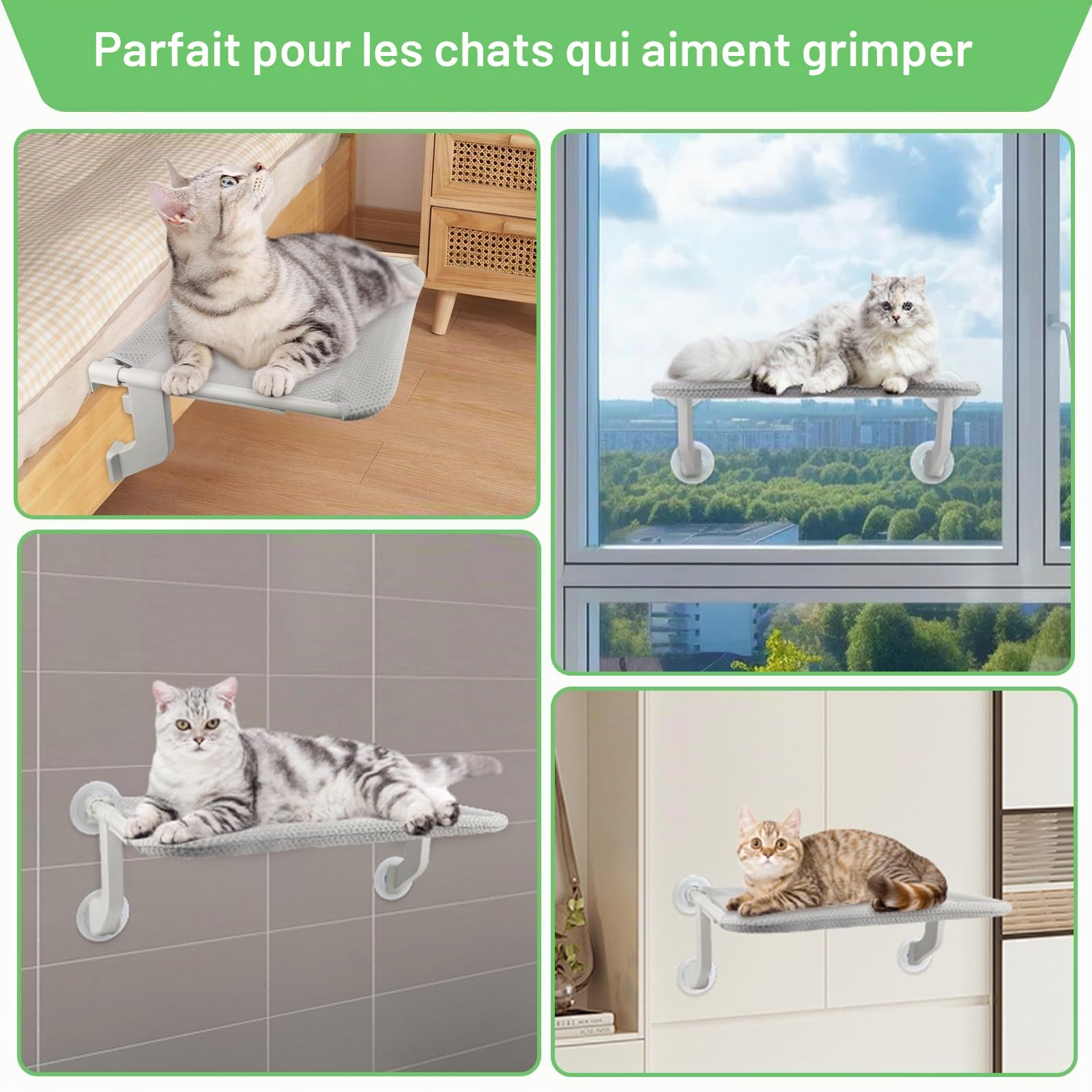 2-en-1 Hamac Chat Fenêtre Pliable 53.5x39.5cm Lit Suspendu Chat avec Ventouses et Crochets Support Usqu'à 25kg Hamac Fenêtre Chatte Confortable et Sécurisé pour Intérieur Extérieur - Gris