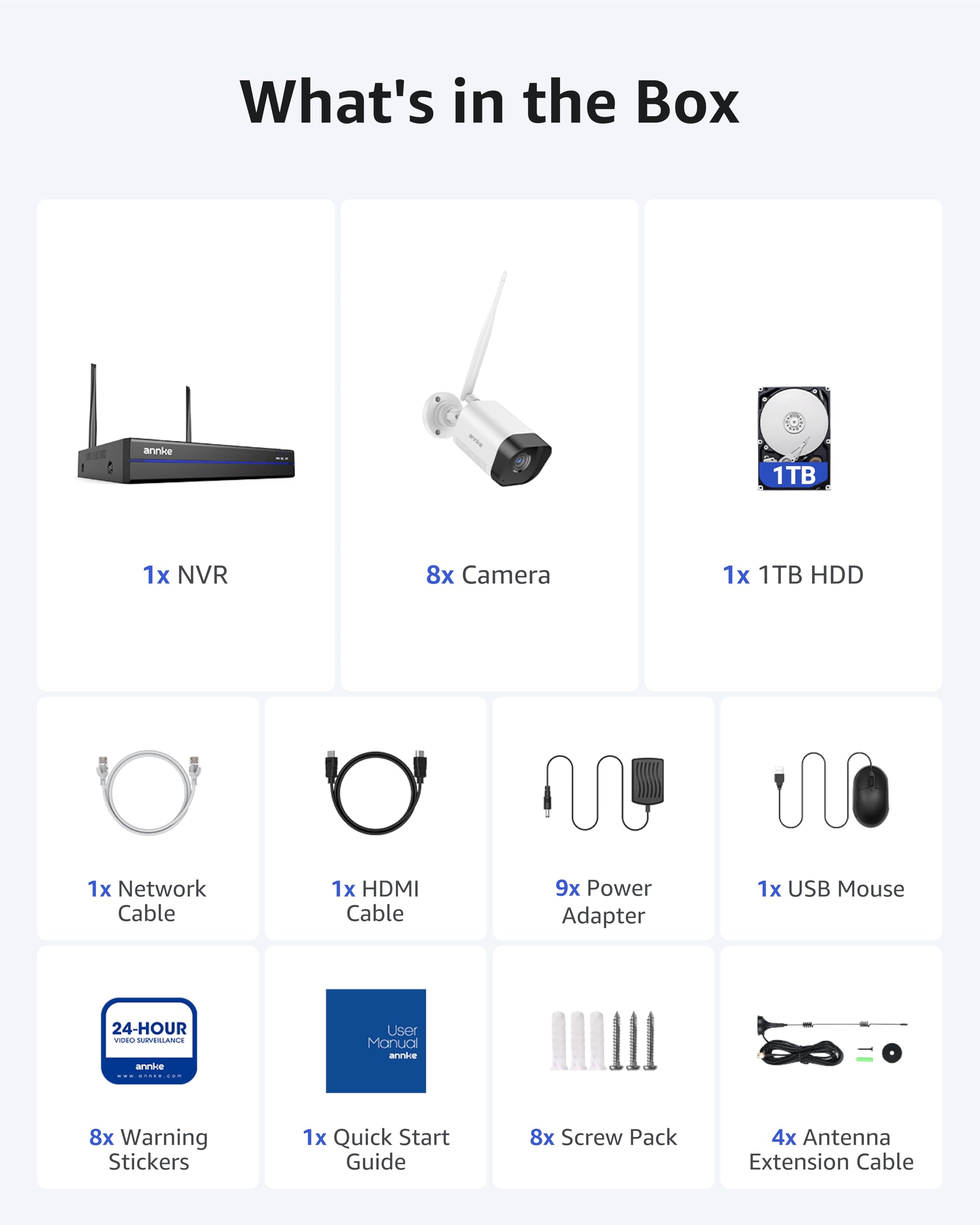 ANNKE Set di telecamere di sorveglianza WLAN da 3 MP, per esterni, 8 telecamere WiFi da 3 MP, 16 CH 4 K NVR con 1 TB HDD per 24/7, per interni ed esterni, intelligente riconoscimento delle persone