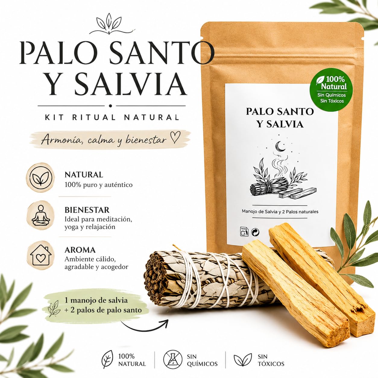 Kit Ritual Palo Santo y Salvia Blanca Natural para Limpieza Energética, Meditación y Aromaterapia