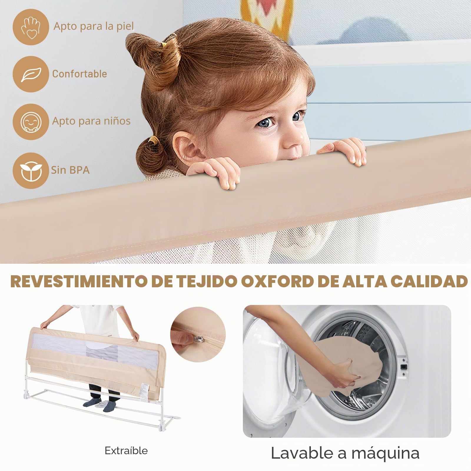 RELAX4LIFE Barrera Seguridad Niños Cama Plegable 150/180cm con Correas de Seguridad y Funda Tela Oxford Removible, Barandilla Cama Niño para Cuna, Cama Gemelo/Doble/Queen&King (Beige,180 x 41 x 55 cm)