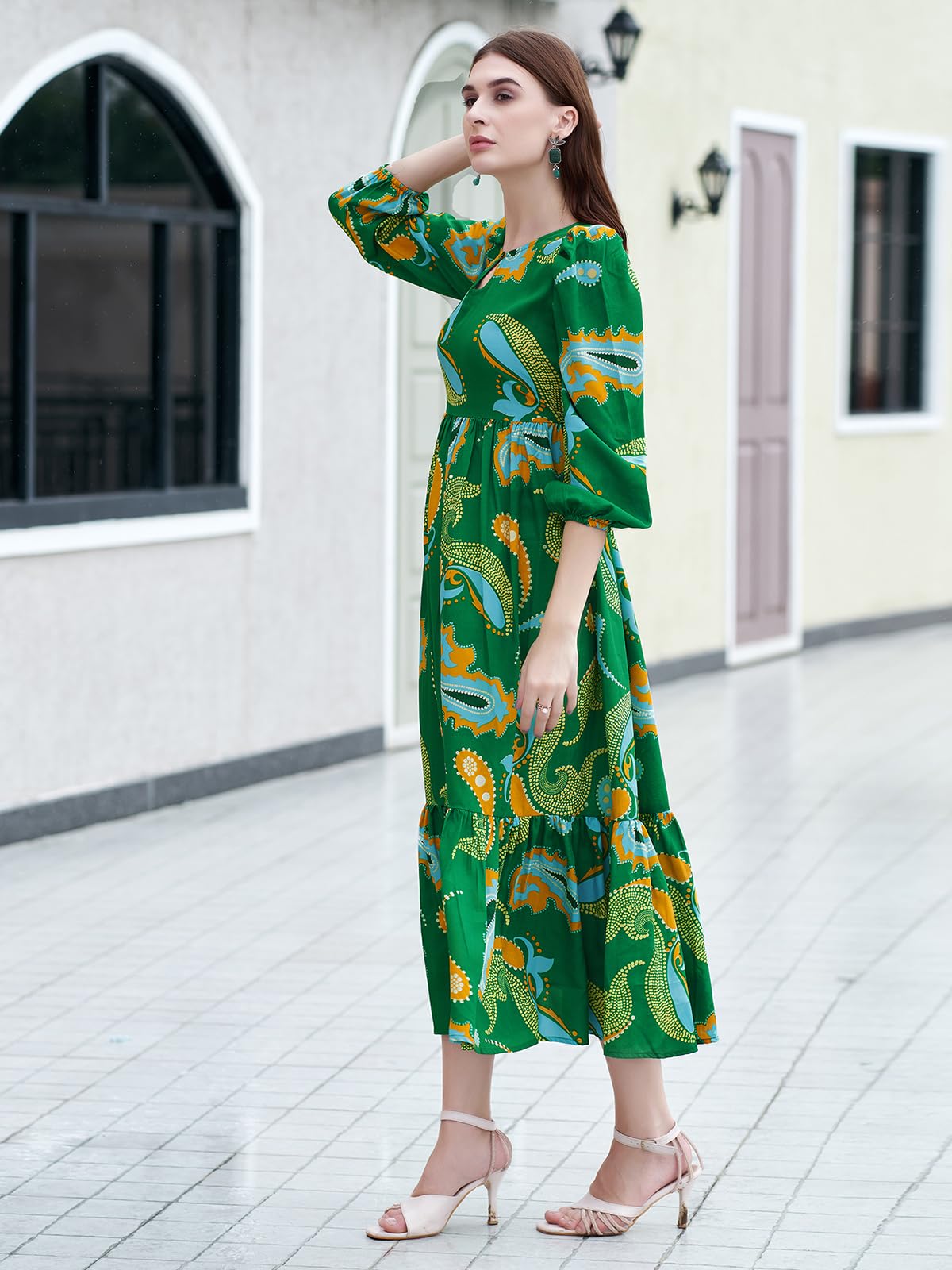 Selvia Western Dress For Women|Crepe Dress For Women|A-Line Dress|Printed Dress For Women|One Piece Dress For Women (715Dtk7935N-M_Green & Multi)