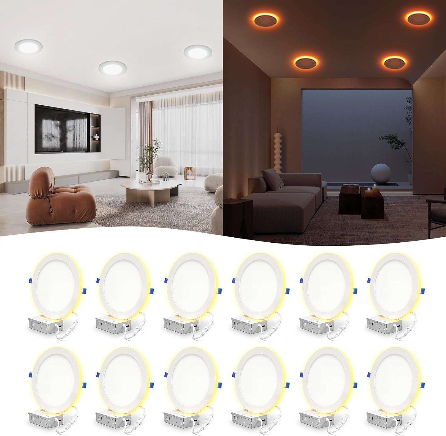 12 Pack 8 Inch 5CCT LED Recessed Ceiling Light with Night Light, Dimmable Canless Wafer Downlight, 2700K/3000K/3500K/4000K/5000K Selectable, Ultra-Thin, 15W, ETL, White