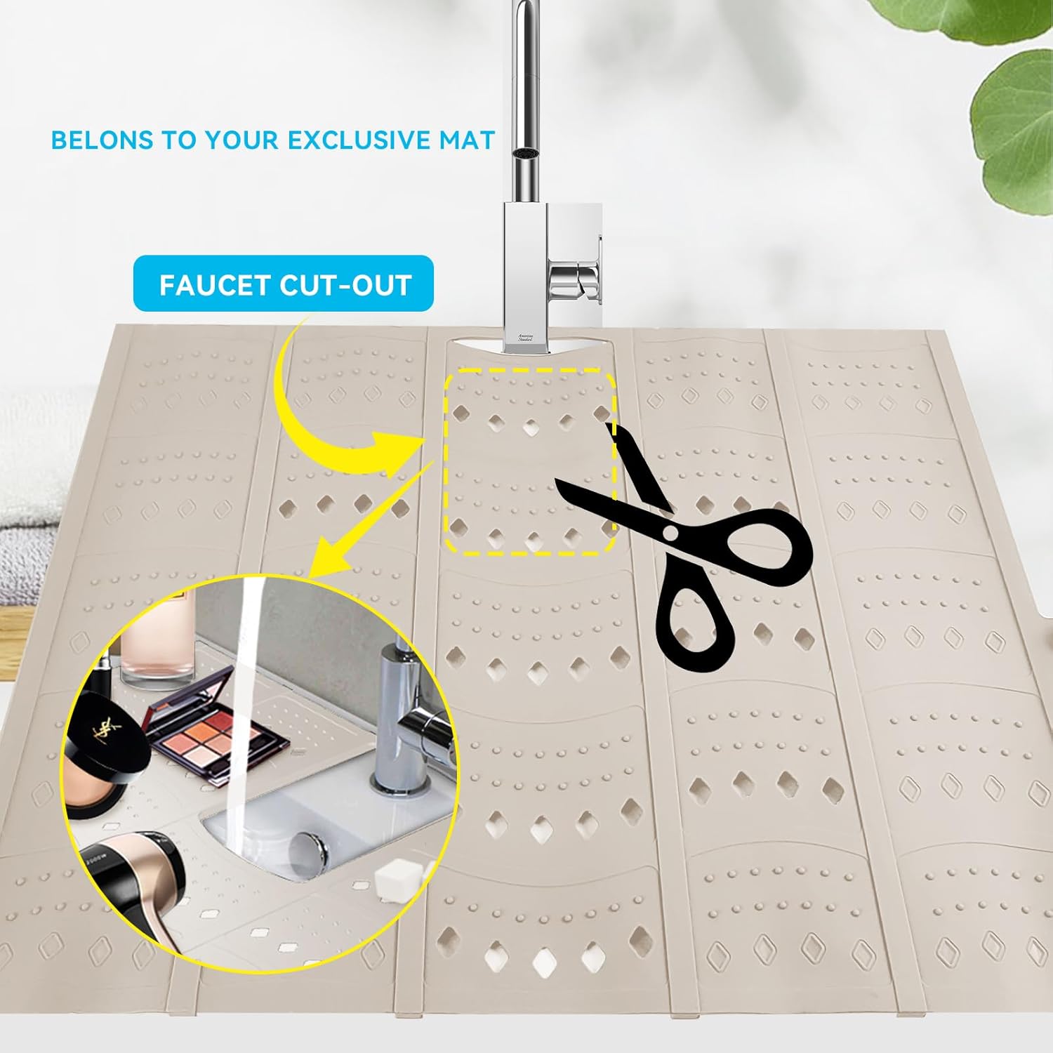 BRIAN & DANY Makeup Mat for Sink, Bathroom Sink Cover for Counter Space, Foldable Silicone Sink Mat Organizer Countertop RV Space Saver, Beige, 19.3" x 15.5"