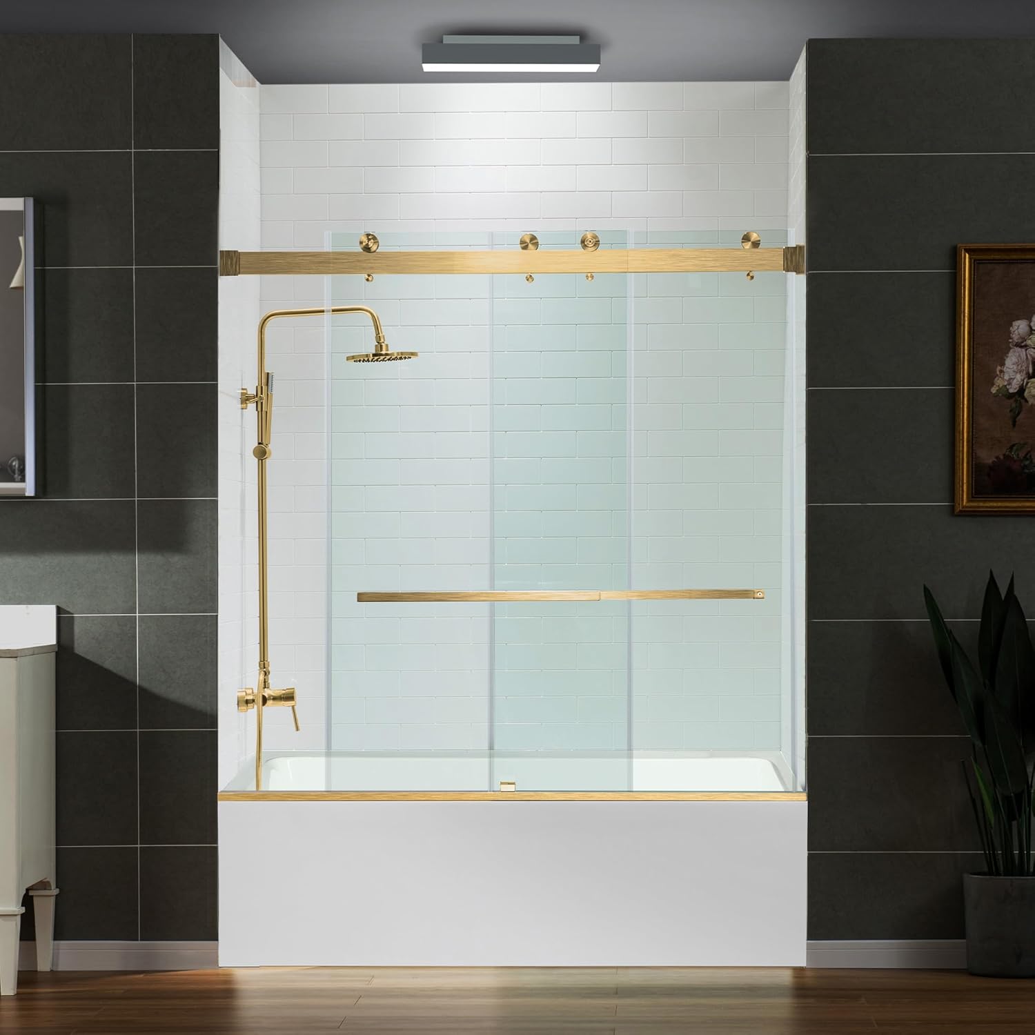 Woodbridge Frameless Bathtub Shower Doors 56-60" Width x 66" Height with 5/16"(8mm) Clear Tempered Glass, 2 Ways Opening & Double Sliding in Brushed Gold Finish