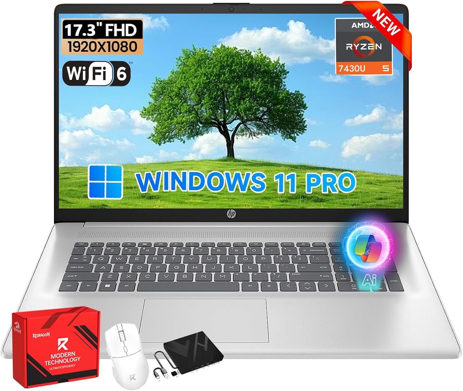 HP 17 inch FHD Student Business Laptop, AMD Ryzen 5 7430U, 20GB RAM 512GB SSD, Windows 11 Pro, 17.3" FHD IPS, Copilot AI, Numeric Keyboard, Type-c, w/Accessories