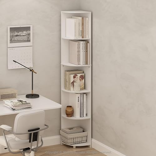 Furinno Basic Book Shelf, 5-Tier Bookshelf, Bookcase with Multipurpose Corner Shelf, 12 x 12 x 70.8, for Living Room, Bedroom, Home Office, White
