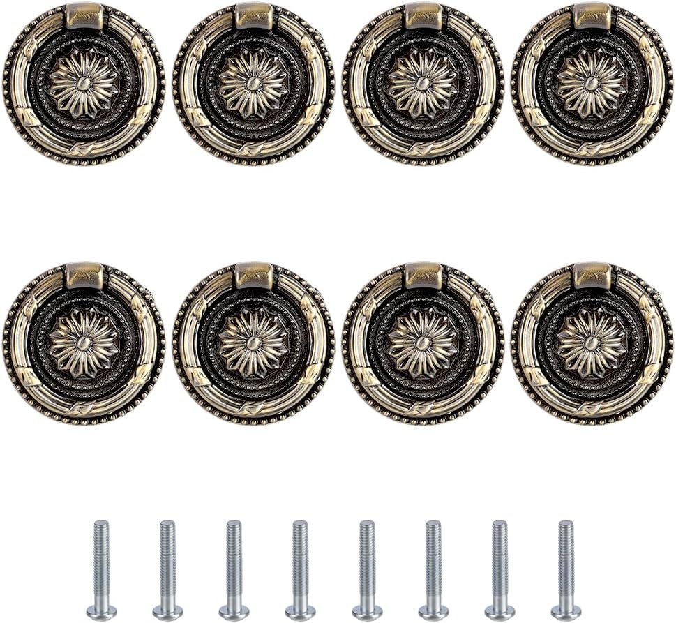 ANATTASOUL 8PCS Antique Bronze Ring Pulls Vintage Round Drawer Ring Knobs with Screws, 1.85" Single Hole Drop Pull Handles for Cabinet, Dresser Closet Wardrobe Decor