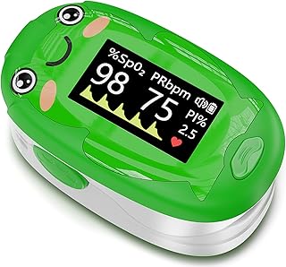 Alecaremed Pulse Oximeter for Kids, Adorable Animal Children Oxygen Monitor Fingertip with 20 × Memory, 4 Color OLED Display Blood Oxygen Saturation Monitor with Alarm, Batteries and Lanyard (Green)