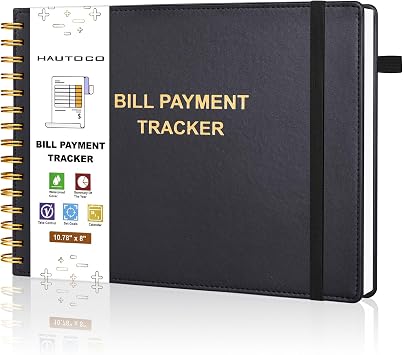 HAUTOCO Hardcover Bill Tracker Notebook Horizontal Monthly Bill Payment Organizer for Personal Budgeting Home Finance with 2 Storage Pocket Expense Checklist Tracking Planner 10.78 x 8, Black