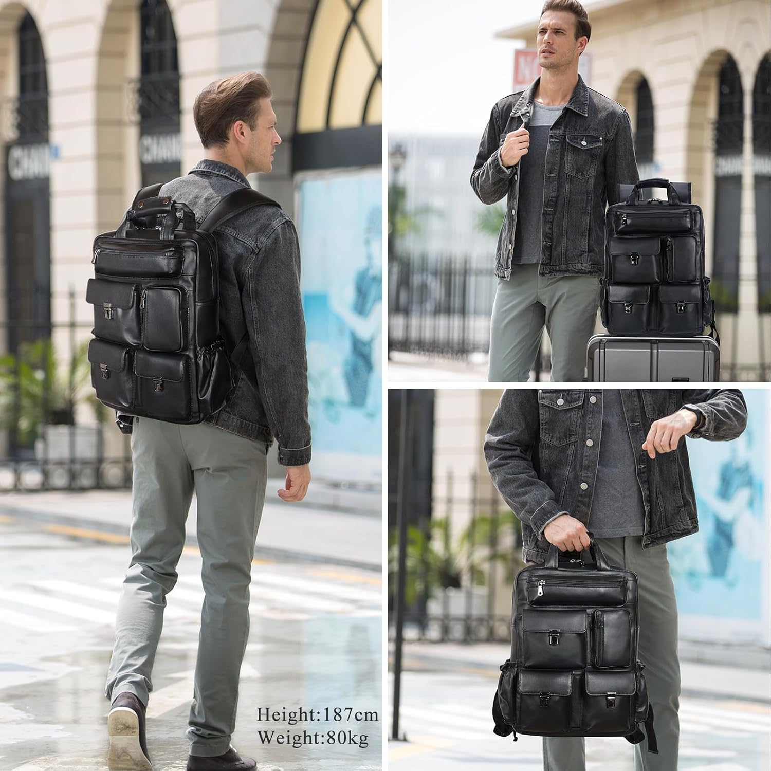 Masa Kawa Black Leather Backpack for Men 15.6 Inch Laptop Bag Multi Pockets Casual Work Business Travel Daypack - Image 5