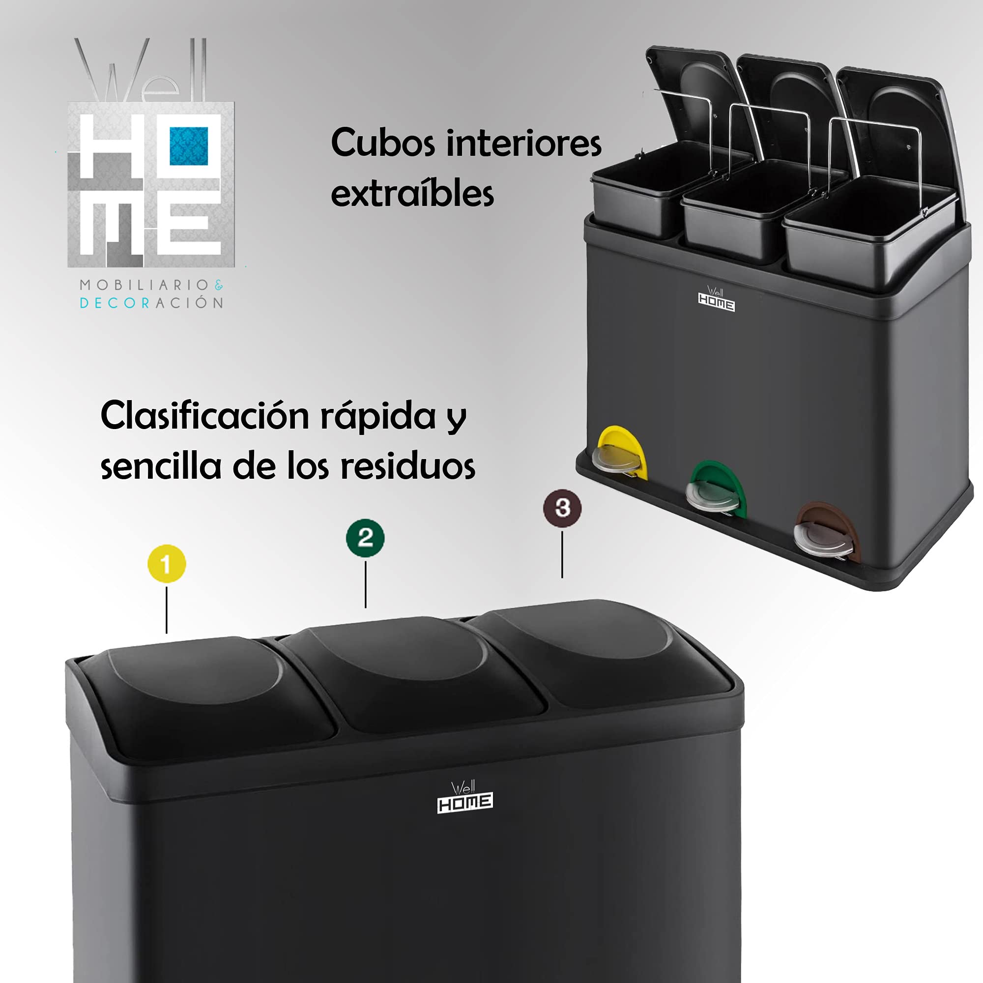 Cubo de reciclaje ecológico 45 litros de 3 compartimentos, reciclaje de basura / cubos de reciclaje, Gran Capacidad, para Papel, Vidrio y Plástico, Id