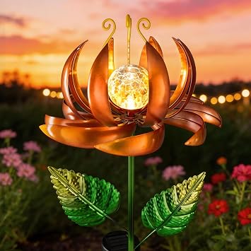 Solar Yard Lights Wind Spinners- Metal Lotus Flower Garden Decor LED Crackle Glass Globe Yard Art Sculpture Solar Stake Lights for Patio Pathway Lawn Walkway Yellow-Large